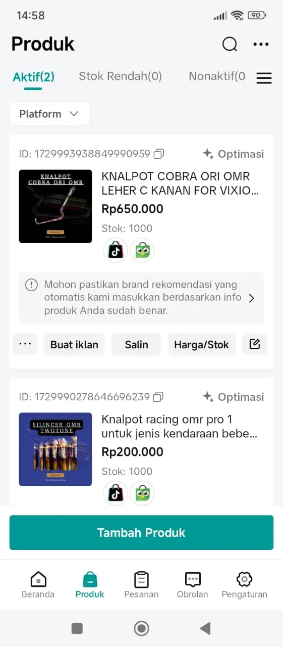 Tampilan Halaman produk di aplikasi TikTok Seller Center