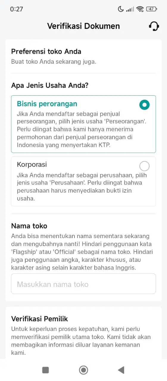 Tampilan verifkasi dokumen aplikasi TikTok seller center