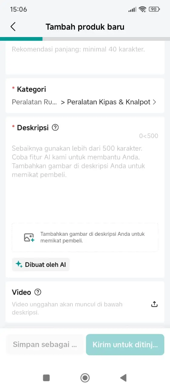 Tampilan halaman tambah produk di Aplikasi TikTok Seller Center