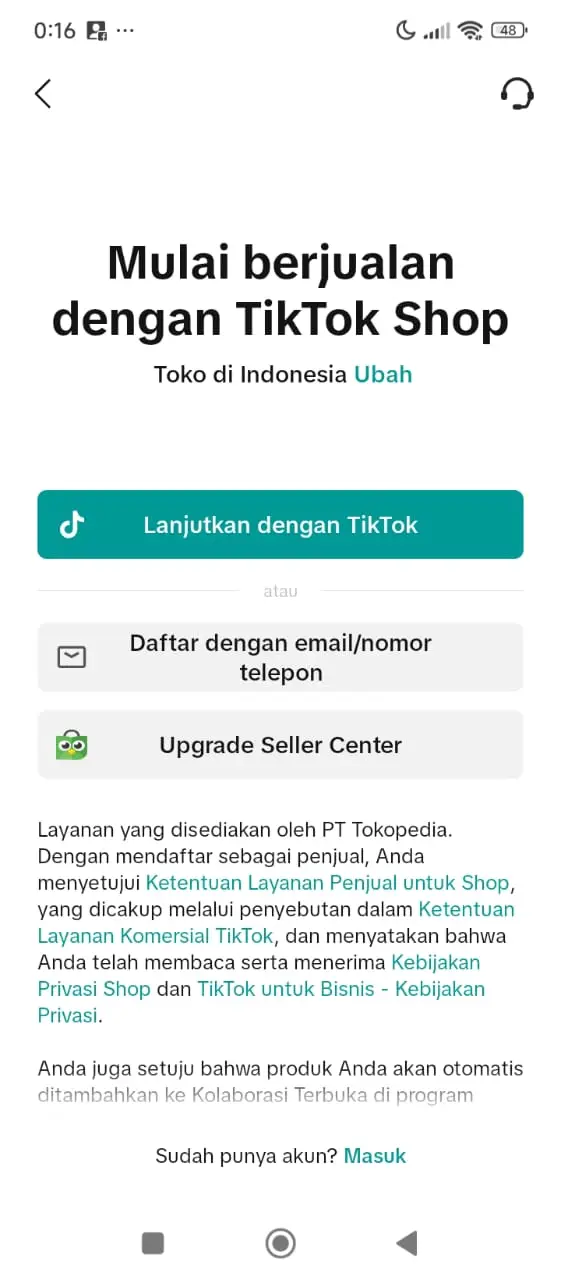 Tampilan awal daftar TikTok Seller Center