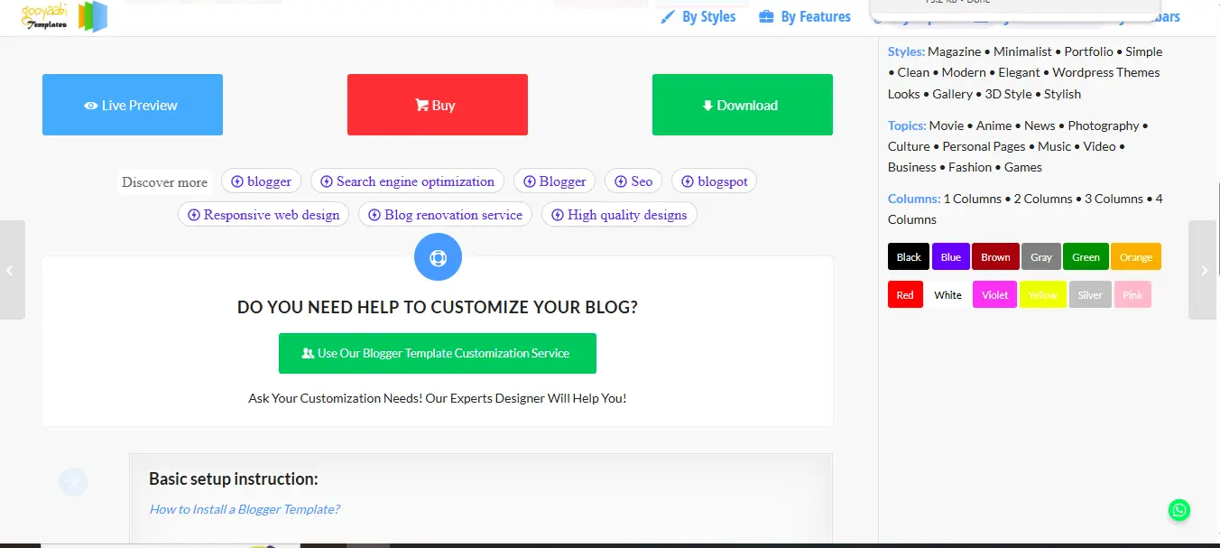 Halaman detail Fastest Blogger Template di Gooyaabi Templates dengan opsi Live Preview, Buy, dan Download