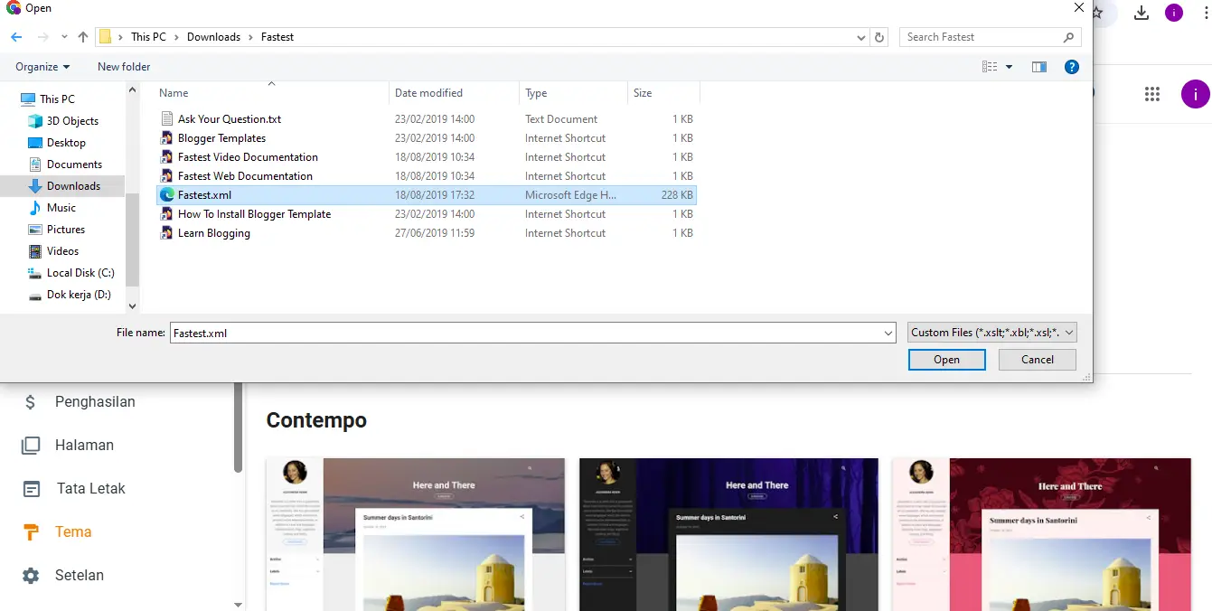 Langkah mengunggah file tema Blogger dari direktori komputer melalui menu Tema