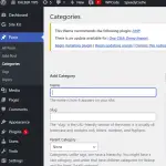 Tampilan dashboard WordPress untuk menambahkan kategori baru, termasuk kolom nama kategori, slug, parent category, deskripsi, dan tombol'Add New Category'