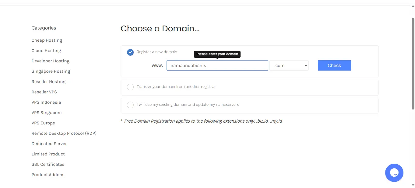 Tampilan layar untuk membeli hosting dan domain melalui AnymHost