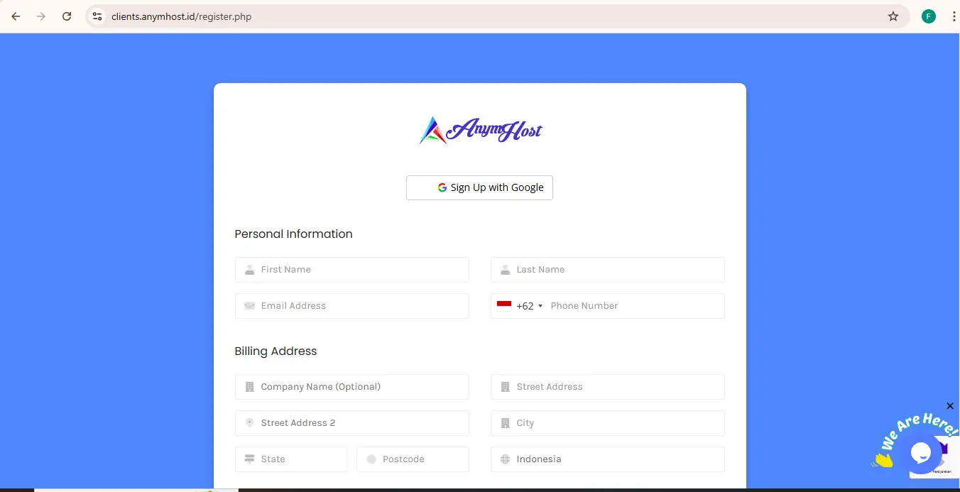 Halaman pendaftaran akun AnymHost untuk membeli hosting dan domain