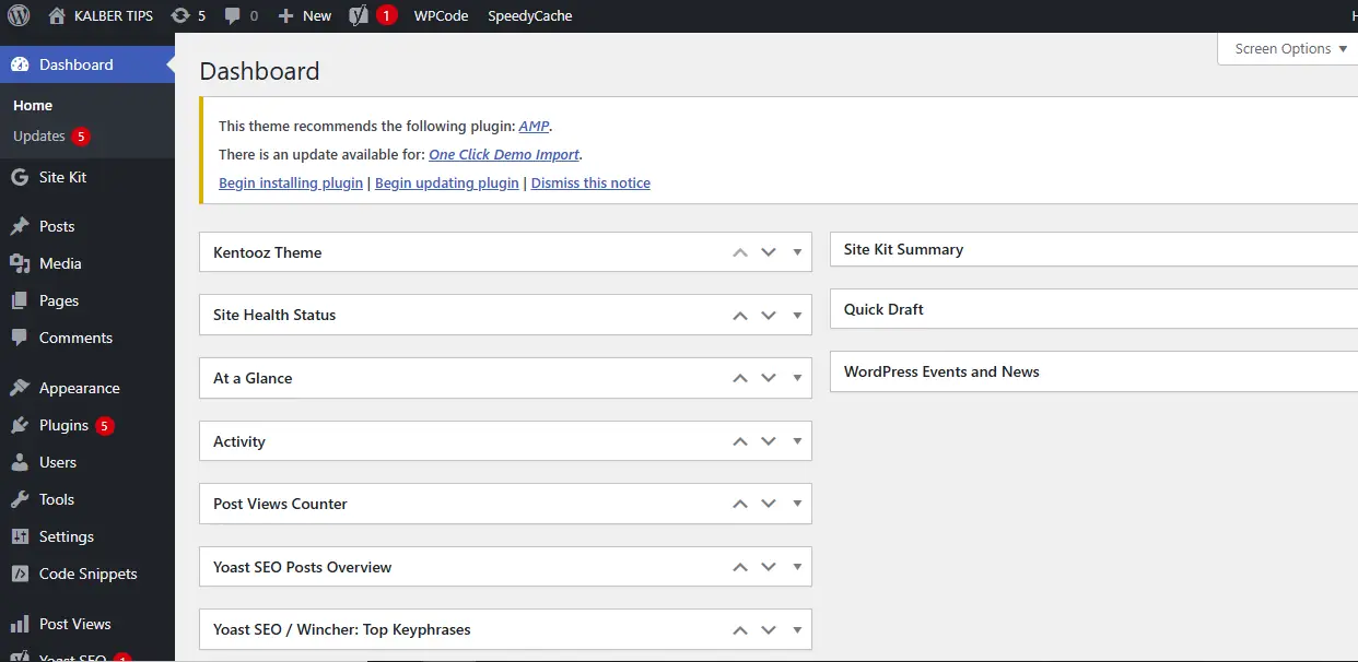 Tampilan dashboard WordPress