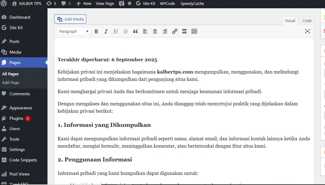 Tampilan daftar halaman (Pages) di dashboard WordPress dengan judul halaman, status, tanggal publikasi, dan opsi edit, lihat, atau hapus