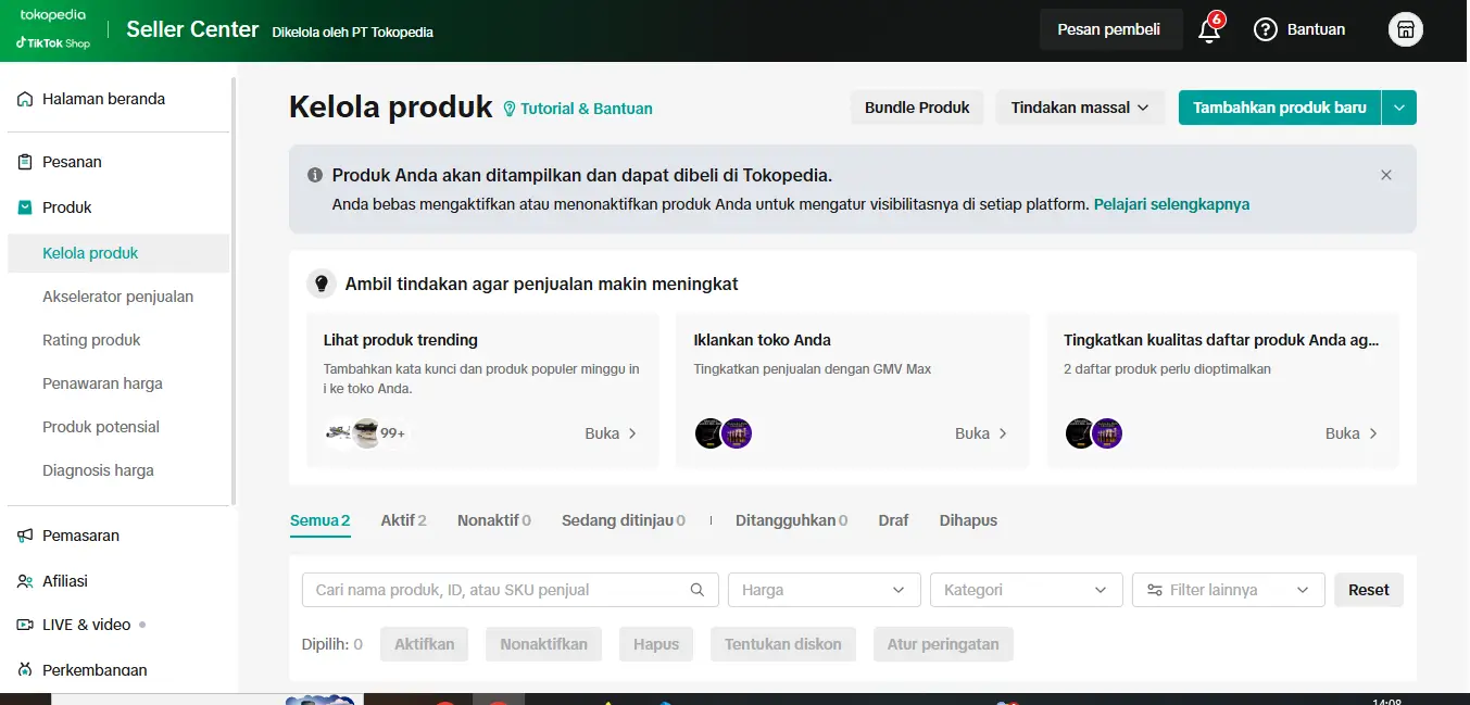 Tampilan Halaman kelola produk seller center