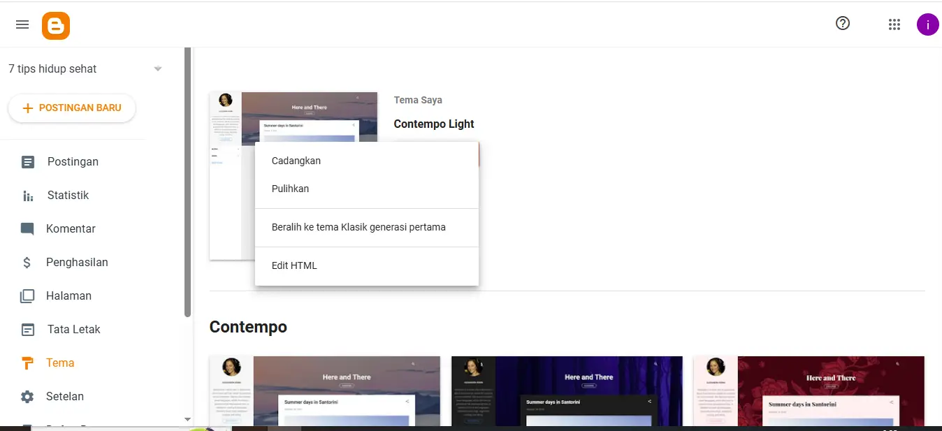 Contoh menu tema di Blogger