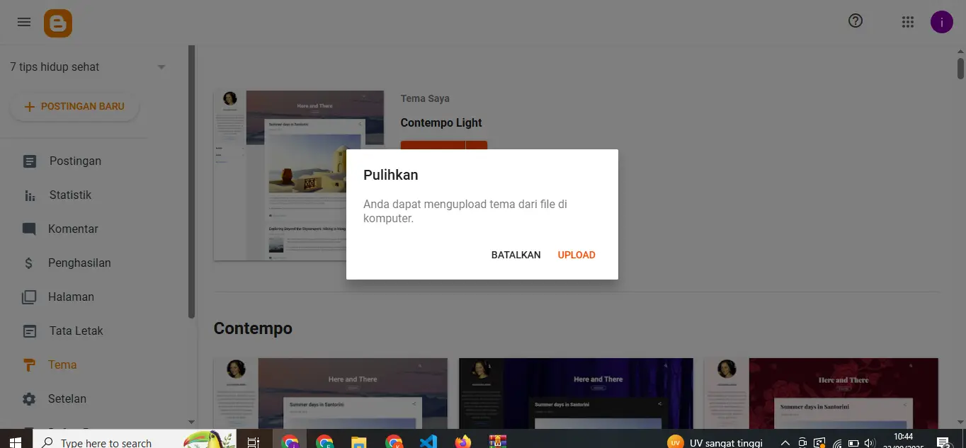 Halaman menu Tema di Blogger untuk mengganti atau mengedit template blog