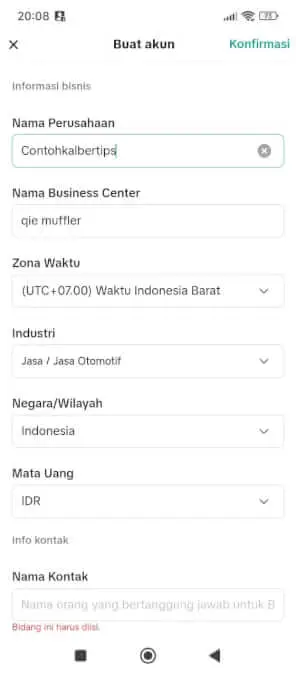 Tampilan halaman penyiapan akun iklan toko di aplikasi TikTok Seller Center