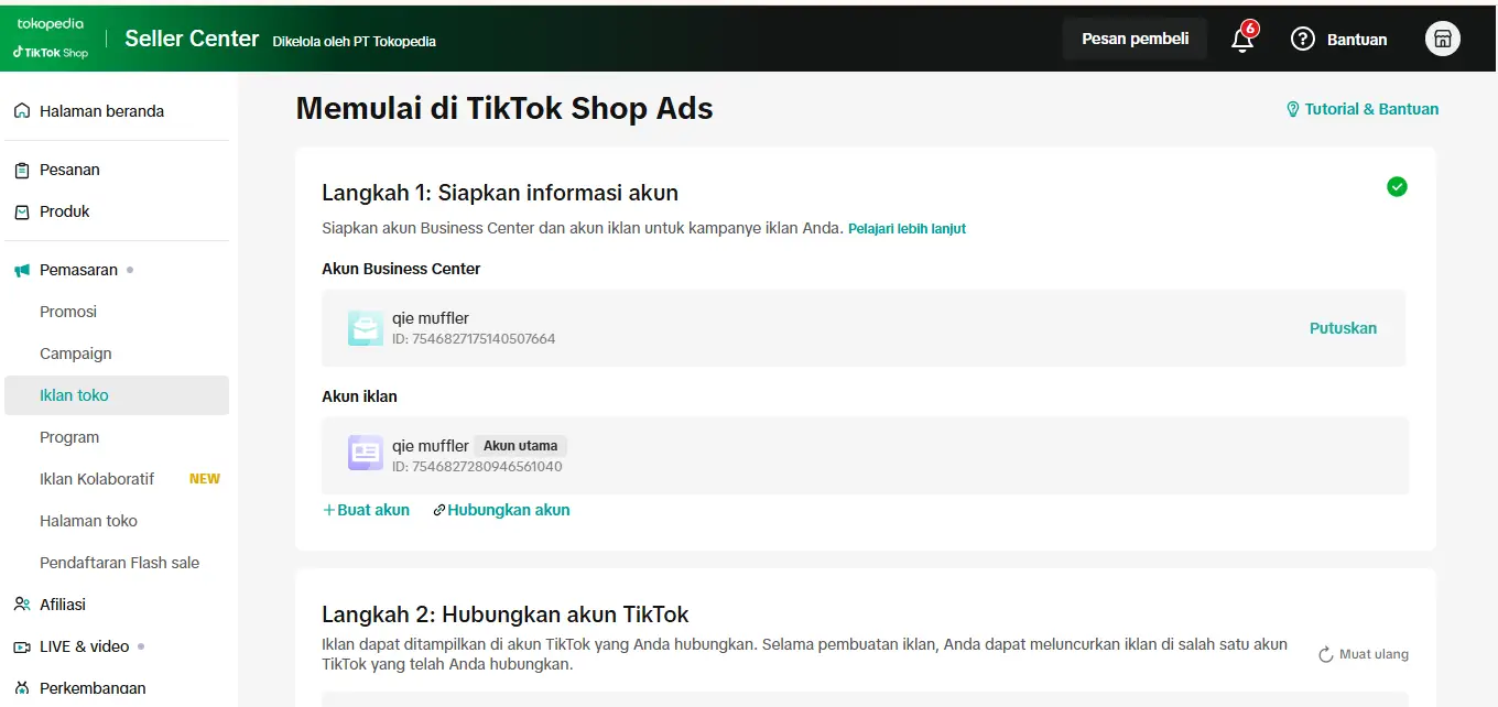 Tampilan halaman iklan toko seller center