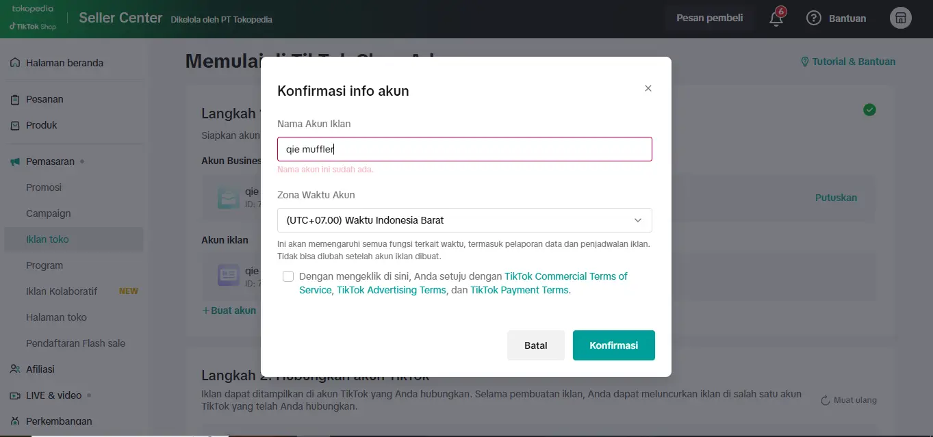 Tampilan popup konfirmasi info akun seller center