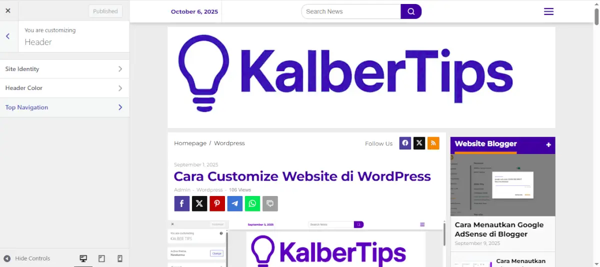 Tampilan customize tema site identity