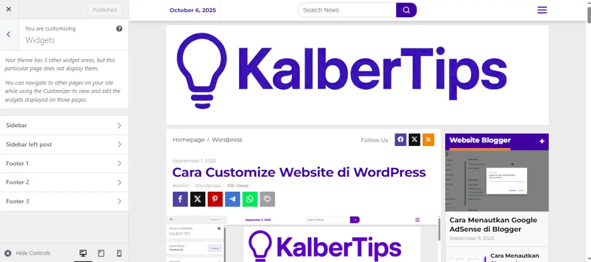Tampilan menambahkan widgets di customize