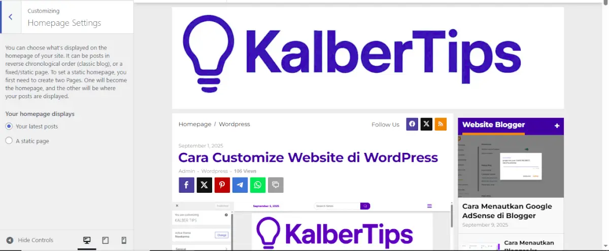 Tampilan pengaturan homepage di customize