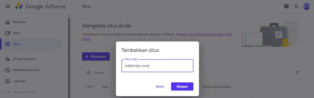 Tampilan menambahkan situs di Google Adsense