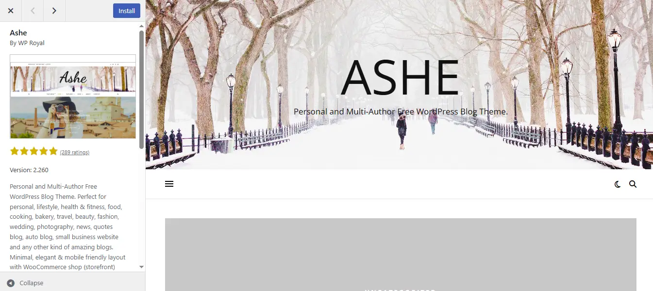Preview tema WordPress Ashe untuk blog personal