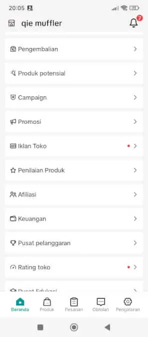 Tampilan beranda aplikasi TikTok Seller Center