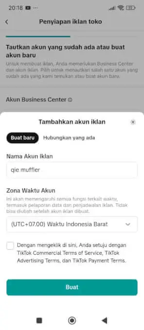 Tampilan popup tamhakn akun iklan di aplikasi TikTok Seller Center