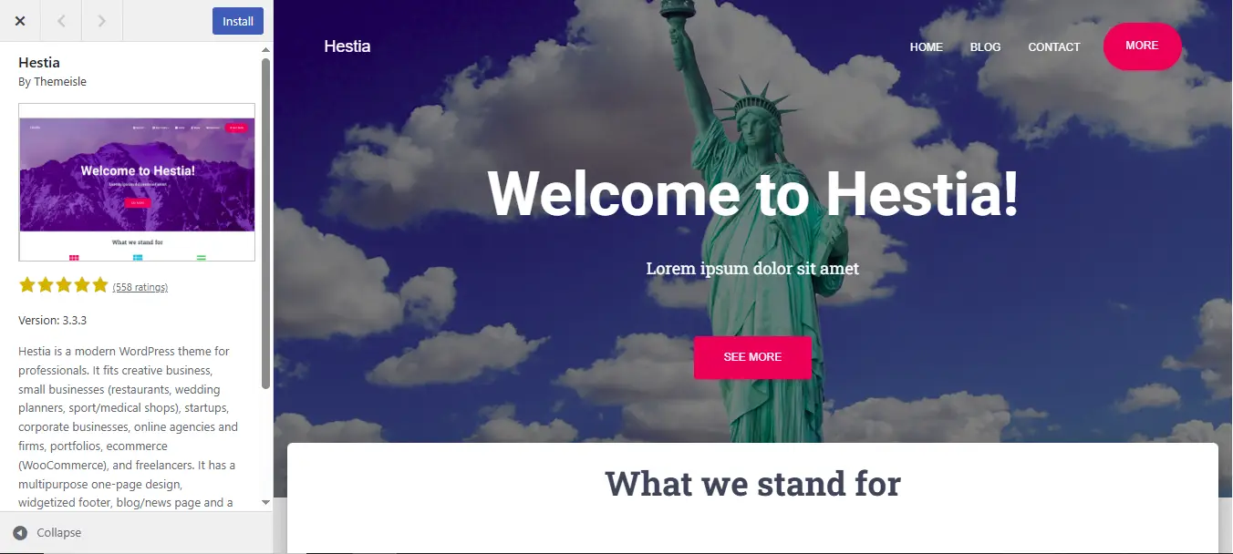 Preview tema WordPress Hestia dengan desain one-page modern dan elegan