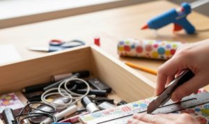 1834459d-3c89-4db3-9bd8-4af63568ea6f Tangan memotong kardus berlapis kertas kado di meja. Ilustrasi DIY membuat sekat laci fungsional KALBERTPS.