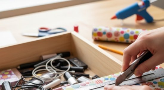 Tangan memotong kardus berlapis kertas kado di meja. Ilustrasi DIY membuat sekat laci fungsional KALBERTPS.