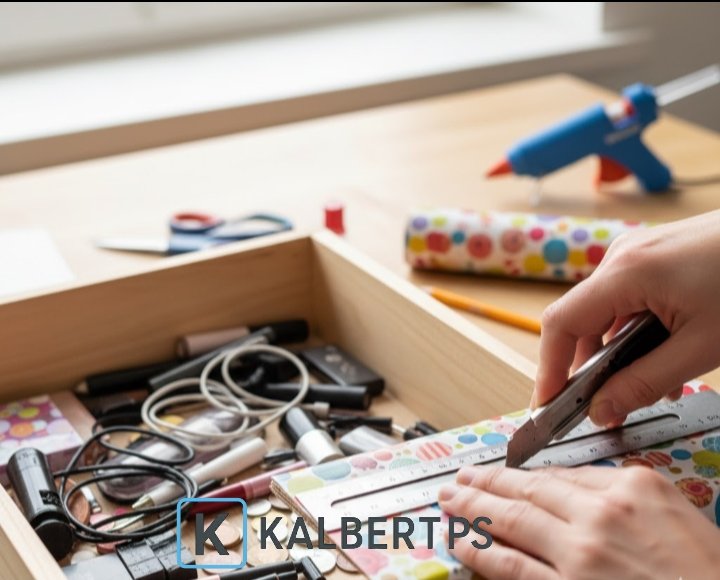 1834459d-3c89-4db3-9bd8-4af63568ea6f Tangan memotong kardus berlapis kertas kado di meja. Ilustrasi DIY membuat sekat laci fungsional KALBERTPS.