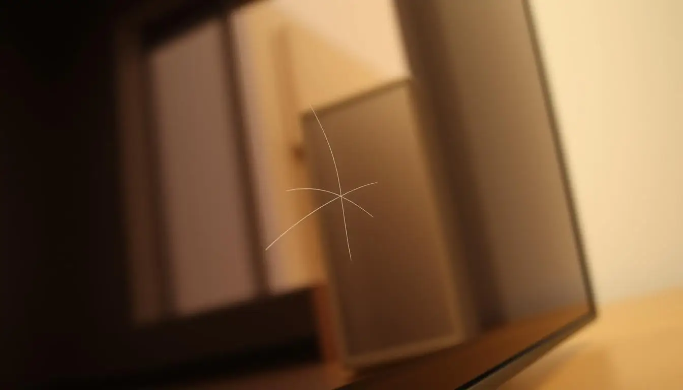 Close-up goresan halus berbentuk silang pada permukaan layar perangkat dengan latar belakang ruangan yang tampak buram.