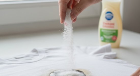 Tangan menaburkan tepung maizena atau baking soda pada noda minyak di baju putih. Ilustrasi protokol menghilangkan noda minyak KALBERTPS.