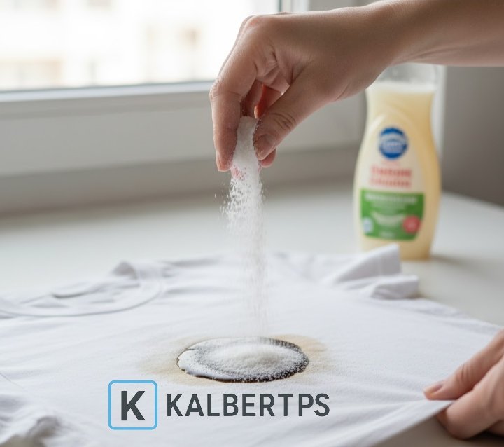 5ba36007-aac9-4f41-8ebf-c48cd3b5b8f3 Tangan menaburkan tepung maizena atau baking soda pada noda minyak di baju putih. Ilustrasi protokol menghilangkan noda minyak KALBERTPS.