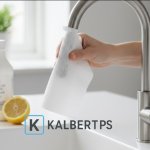 Tangan melilitkan tisu yang dibasahi cuka pada keran stainless steel berkerak. Ilustrasi trik menghilangkan kerak kapur KALBERTPS.