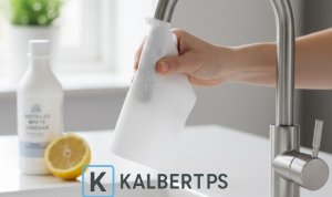 Tangan melilitkan tisu yang dibasahi cuka pada keran stainless steel berkerak. Ilustrasi trik menghilangkan kerak kapur KALBERTPS.