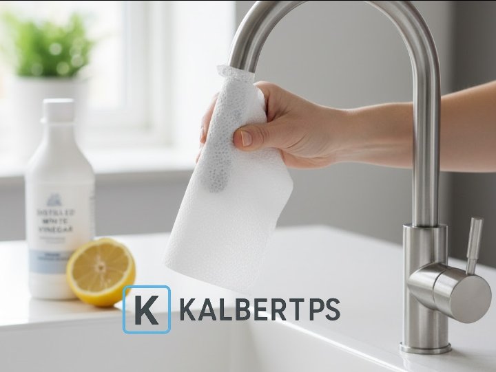Tangan melilitkan tisu yang dibasahi cuka pada keran stainless steel berkerak. Ilustrasi trik menghilangkan kerak kapur KALBERTPS.