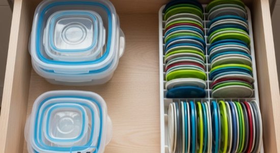 Laci dapur terorganisir: Tupperware disimpan bersarang (nesting) dan tutupnya tersusun vertikal di rak piring kecil. Tips penyimpanan cerdas KALBERTPS.