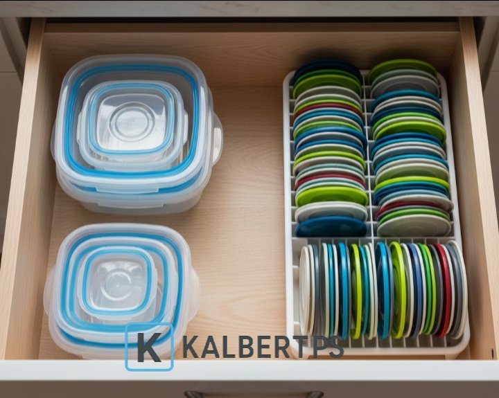 Laci dapur terorganisir: Tupperware disimpan bersarang (nesting) dan tutupnya tersusun vertikal di rak piring kecil. Tips penyimpanan cerdas KALBERTPS.
