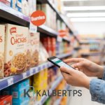 Tangan seseorang membandingkan harga produk sereal di rak supermarket menggunakan aplikasi di ponsel. Tips belanja cerdas untuk kebutuhan pokok KALBERTPS.