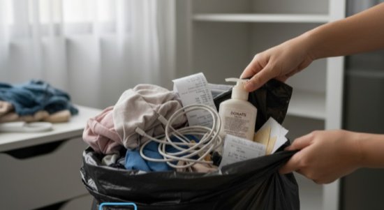 Tangan membuang pakaian, kabel, dan produk kedaluwarsa ke kantong sampah. Ilustrasi panduan decluttering cerdas KALBERTPS.