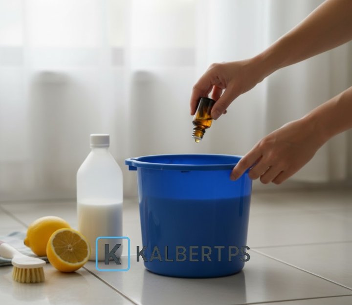 Tangan seseorang menuangkan minyak atsiri ke dalam ember berisi campuran cuka dan air. Ilustrasi cara membuat pembersih lantai alami KALBERTPS.