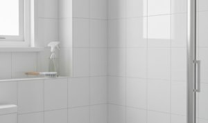 Foto realistis seseorang sedang menyikat nat keramik di kamar mandi untuk menghilangkan jamur dan lumut. Tips membersihkan nat kamar mandi KALBERTPS.