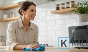 Wanita dewasa tersenyum puas setelah membersihkan microwave di dapur modern yang rapi. Tips rumah tangga praktis KALBERTPS.