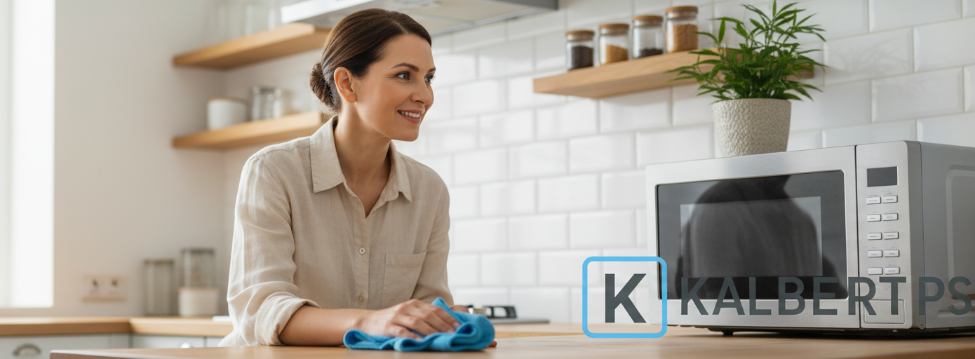 Wanita dewasa tersenyum puas setelah membersihkan microwave di dapur modern yang rapi. Tips rumah tangga praktis KALBERTPS.