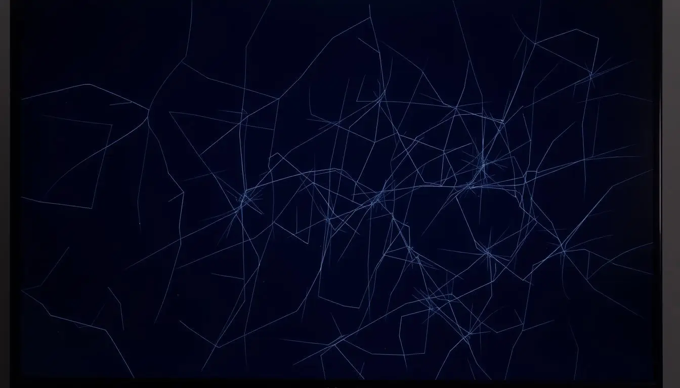 Layar gelap yang menampilkan retakan bercabang banyak, tersusun dari garis-garis tipis menjalar ke seluruh permukaan