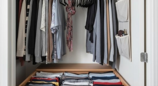 Lemari pakaian kecil yang terorganisir rapi dengan lipatan vertikal KonMari dan gantungan beludru tipis. Tips optimalisasi ruang KALBERTPS.