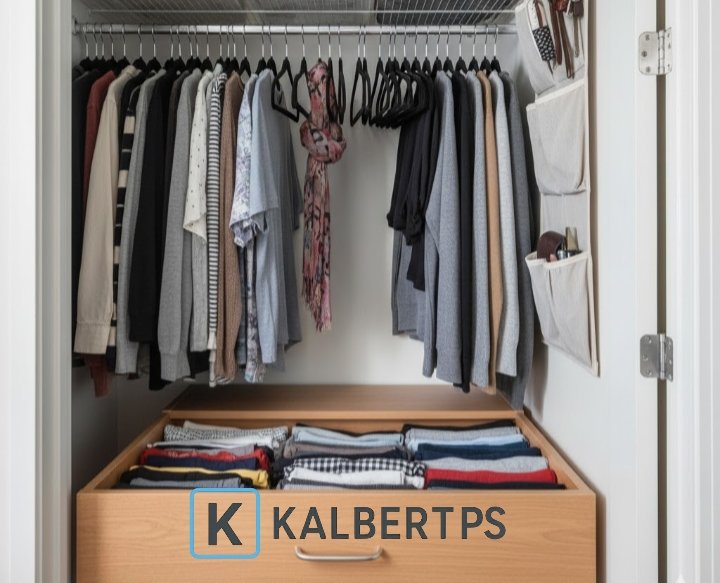 b106324c-55ad-4596-9bdd-4d1633d88380 Lemari pakaian kecil yang terorganisir rapi dengan lipatan vertikal KonMari dan gantungan beludru tipis. Tips optimalisasi ruang KALBERTPS.