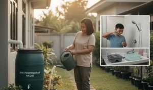 Ilustrasi kolase kiat penghematan air: Pemanfaatan air hujan untuk menyiram tanaman, teknik menyikat gigi dengan keran dimatikan, dan mencuci piring dengan metode dua bak untuk efisiensi di musim kemarau.
